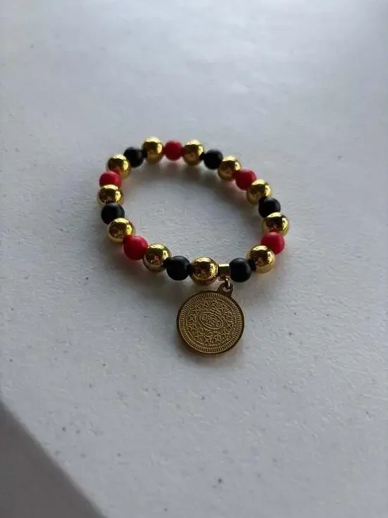 Rustic Cuff Red Black and Gold Beaded Oreo Charm Stretch Bracelet