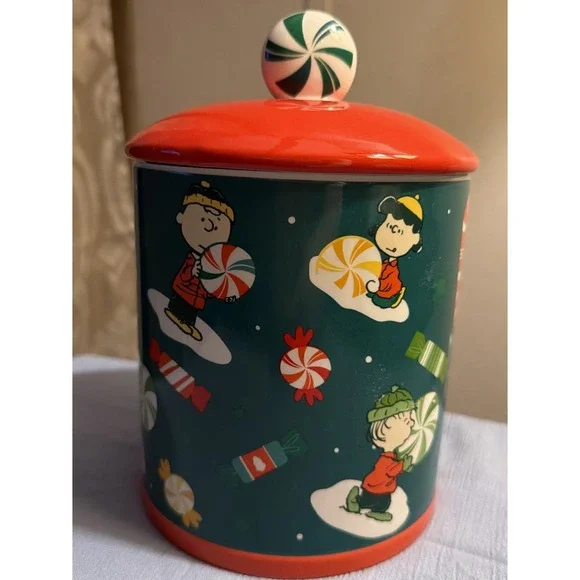 Peanuts‎ Christmas Ceramic Cookie Jar Canister Charlie Brown Snoopy Woodstock