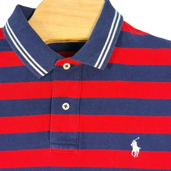 Vintage Polo Ralph Lauren Polo Shirt Mens M Red Blue Striped Cotton Short Sleeve