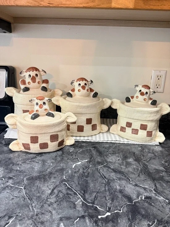 VTG Cow Ceramic Canister Set of 4 Coffee Tea Flour Sugar Checkerboard Farmhouse