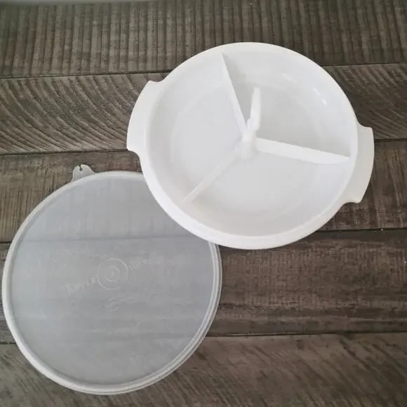 Vintage Tupperware Suzette Divided Relish Tray Dish 608-3 Handle Cover White