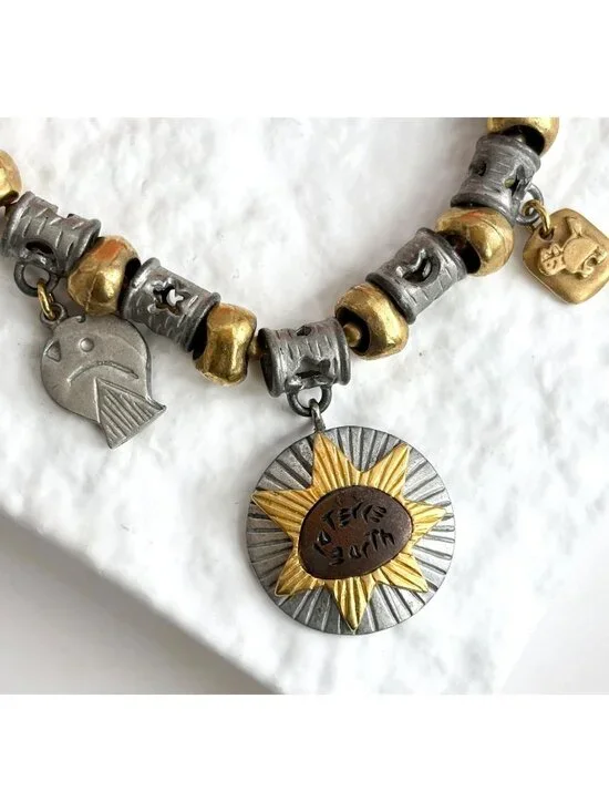 Liz Clairborne Gold & Silver Toned Beaded Terre Earth Medallion Pendant Bracelet