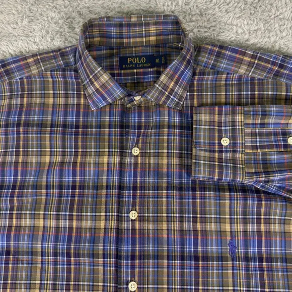 Polo Ralph Lauren‎ Mens XLT Tall Plaid Button Down Shirt Blue Tan Multi Color