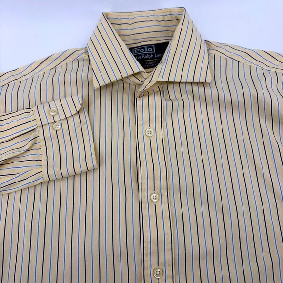 Polo Ralph Lauren Regent Classic Fit Shirt Mens 15.5 32/33 Yellow Blue Stripe