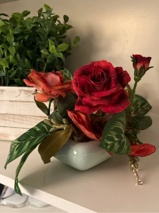 Vintage Silk Rose Floral Arrangement Aqua Ceramic Planter Centerpiece