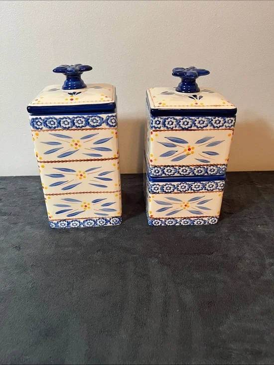 TEMP-TATIONS OLD WORLD STACKABLE CANISTERS KITCHEN CERAMIC BLUE cookware