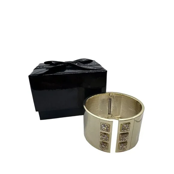 Victorias Secret Gold-Tone Wide Cuff Bracelet Rhinestone Studs Accents NIB