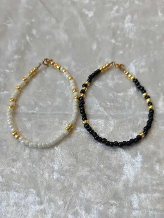 Black & White Bead Bracelet Set with Gold Accents Bohemian, Beachy