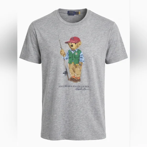 Polo Ralph Lauren Polo Bear Fishing Graphic T Shirt Gray Custom Slim Fit Men's L