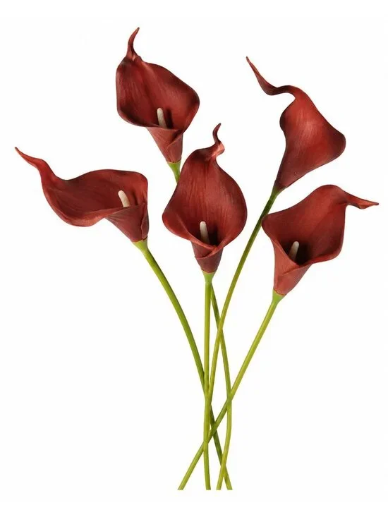 Burgundy Calla Lily Stems Faux Floral Bouquet Wine Red Flowers 5 Stem Bunch Mood