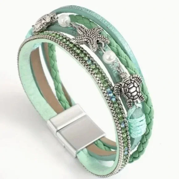 Stylish Starfish Turtle Bracelet Ocean Theme Handcrafted 4-layer Faux Leather