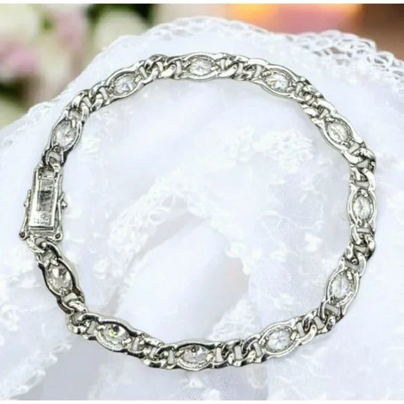 New Tocara Sterling Silver Bracelet Oval DiAmi Crystals Sparkle 925 Curb Link 7