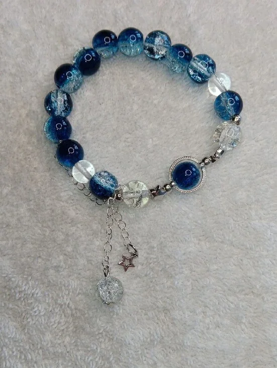 Blue Glass Bead Charm Stretch Bracelet with Star Charm