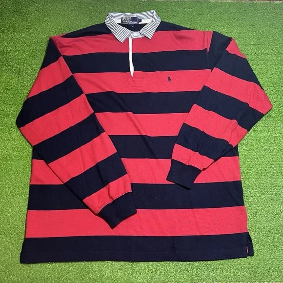 Vintage Polo Ralph Lauren Rugby‎ Shirt L Stripe Red Blue RARE pinstripe Collar