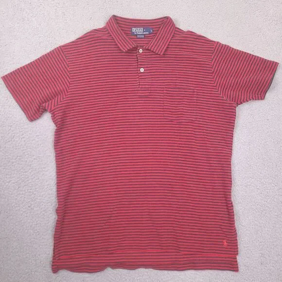 Polo Ralph Lauren Polo Shirt Men Large Red Navy Striped Pocket Mini‎ Waffle Knit