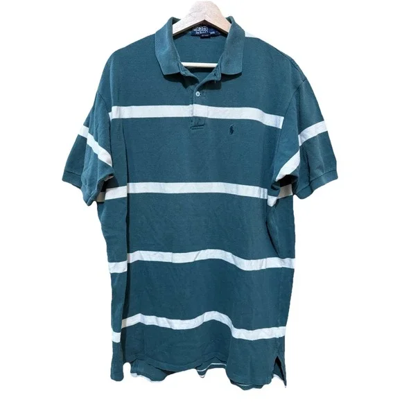 Vintage Polo Ralph Lauren Polo Shirt Made in USA Green w‎ White Stripe 90s XL