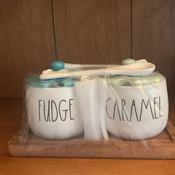 Rae Dunn Fudge & Carmel Ice Cream Topper condiments...