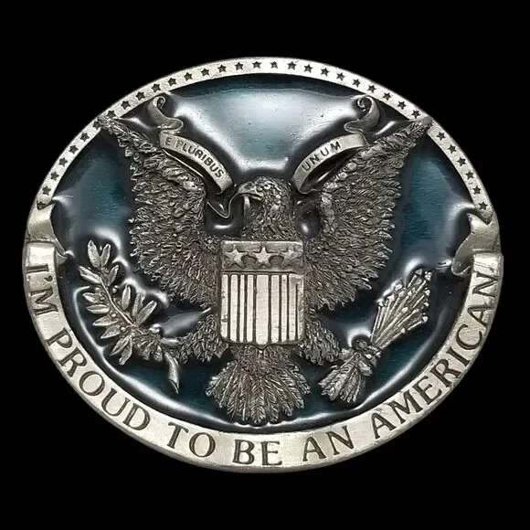 Vintage Belt Buckle Pewter 1981 I'm Proud To Be An‎ American E Pluribus Unum USA