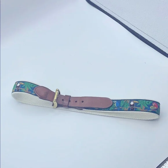 Tropical Bird Patterned Leather Belt with Solid Brass Buckle