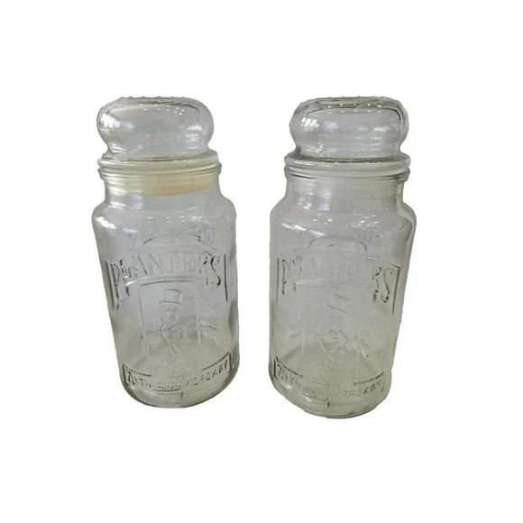 2 Vintage 1981 75th Anniversary Planters Mr. Peanut Glass Jar W/Lid Canister EUC