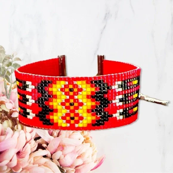 Handcrafted loom adjustable beaded cuff panel bracelet Southwest Native American