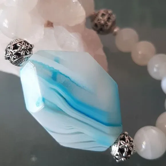 Luxury AAA Blue Botswana Agate & Moonstone Beaded Stretch Bracelet