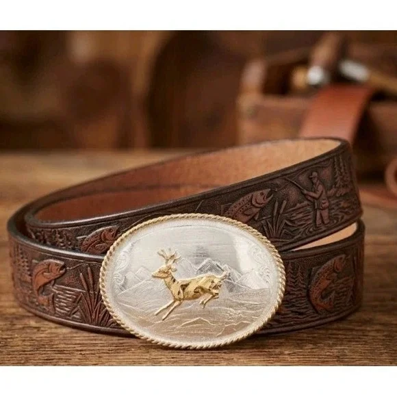 Montana Silversmiths Belt Size 38 Tooled Leather Fish Motif Deer Buckle Western