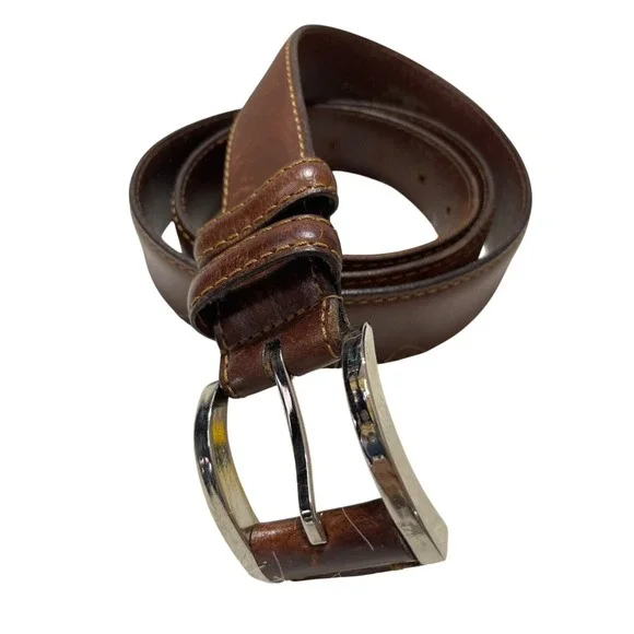 Remo Tulliani Mens Cognac Brown Leather Belt‎ Silver Buckle Size 42 6772 Italy