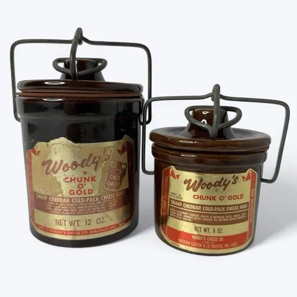 2 Vtg Woodys Chunk O Gold Cheese Crocks Stoneware Brown 12oz 6oz Wire Clamp Lids