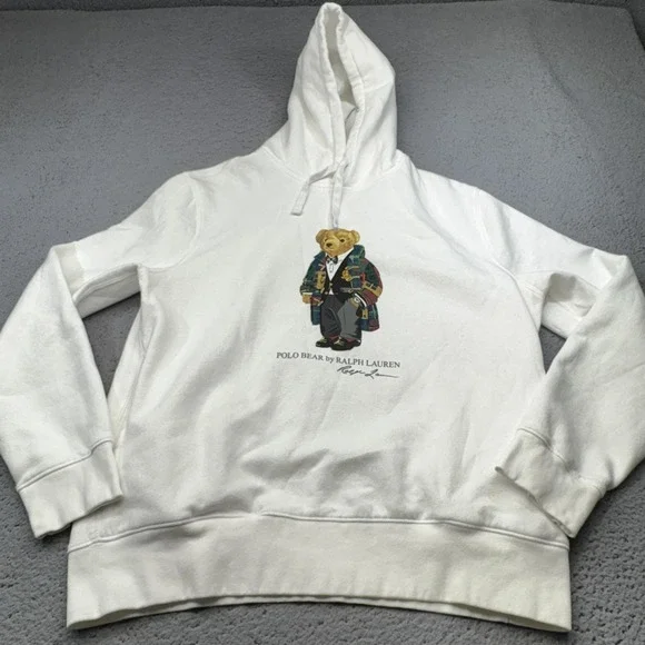 Polo Ralph Lauren Hoodie Mens Large White Pullover Preppy Bear Robe‎ Academic