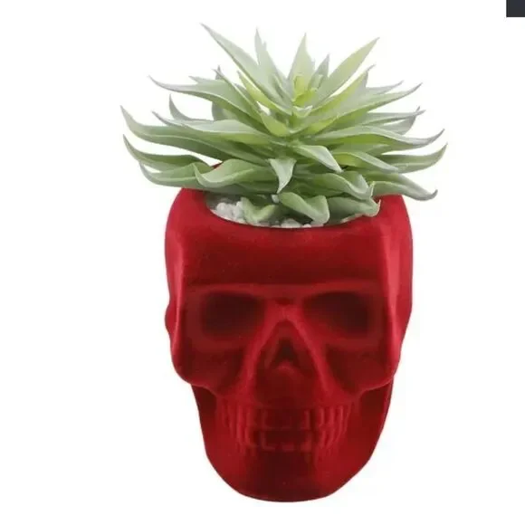 FLORA BUNDA Flocked Velvet Skull Planter with Artificial Succulent