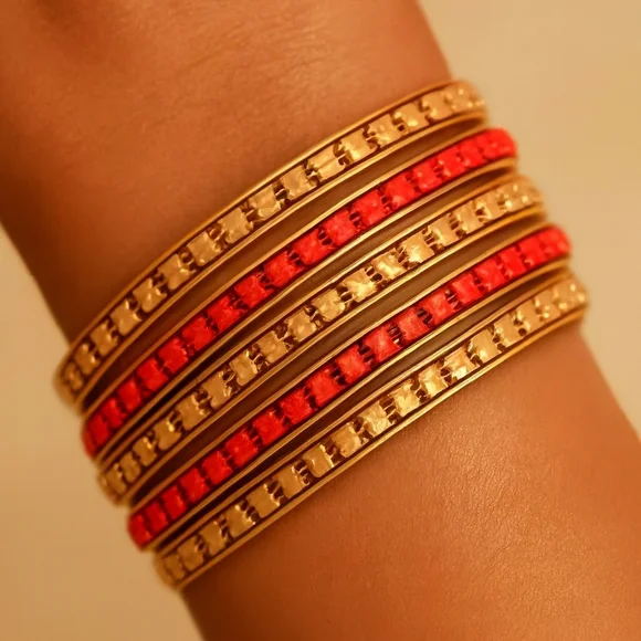 Women's Stunning Set of 5 Dainty Gold & Red Colors Bangle Bracelets Jewelry