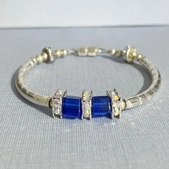 Vintage Bracelet Silver Tone Curved Metal Tube Bead Blue Square Aurora Borealis