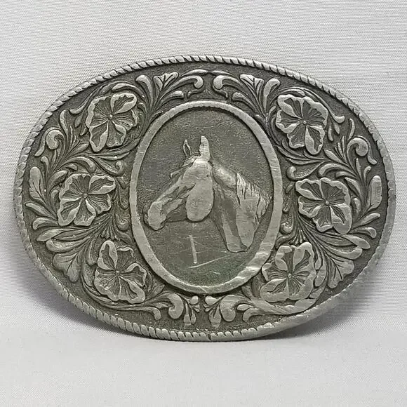 Belt Buckle 1974 Horse Head Flowers Rope Edge Oval Shape Western Cowboy Rodeo US