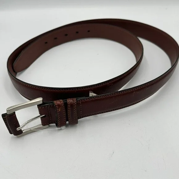 Full Grain Cowhide Leather Belt Mens Size 50 Brown Silver Buckle Classic Dress