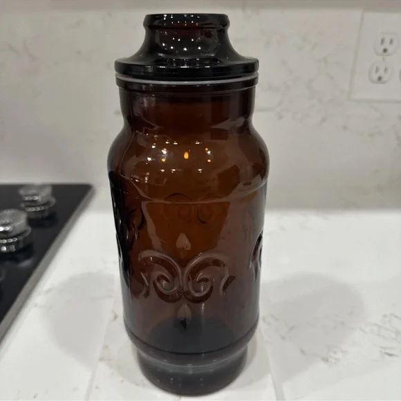 Vintage 1970's Borden Cremora Amber Glass Canister Apothecary Jar Fleur Di Lis