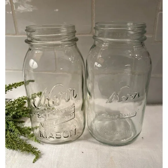 Kerr Glass Mason Jars‎ (2) Clear “Self Sealing” Vintage Look Decor or Storage