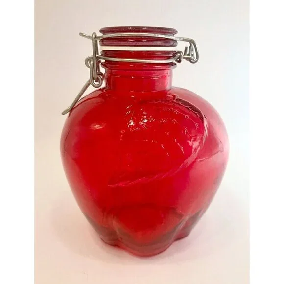 Cherry Red Glass Apple Canister 5.5” Jar with Wire Bail Lid Food Storage Craft