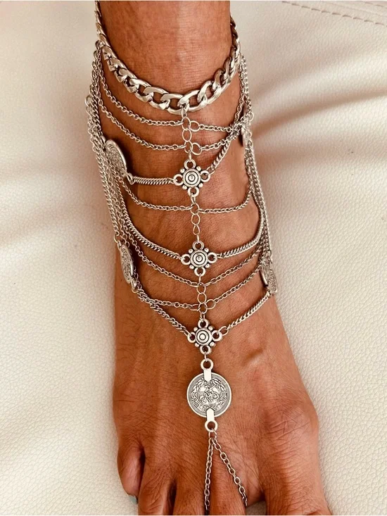 Boho Multi-Layer Silver Anklet Foot Chain with Coin Charm