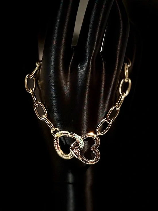 Gold Heart Link Bracelet with Zircon Accents
