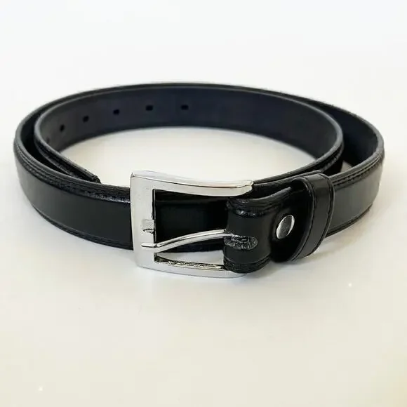 Made flour Men’s Black Leather Belt 33-39” Smooth‎ Grain Silver Square Buckle