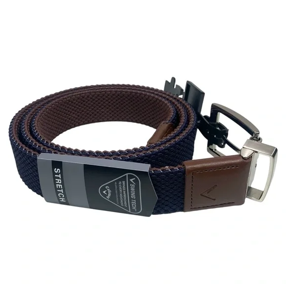NWT Callaway‎ Men Sizes XL & Small Navy/Brown Reversible Stretch Golf Belt