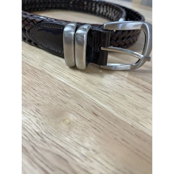 Mens 100% Leather Woven Belt. Heavy Silver Buckle Sz 42 Some‎ wear on inside
