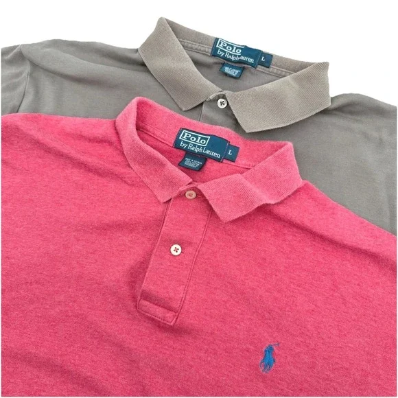 Lot of 2 Polo Ralph Lauren Polo Shirts Mens L Olive Pink Cotton Logo *FLAWS