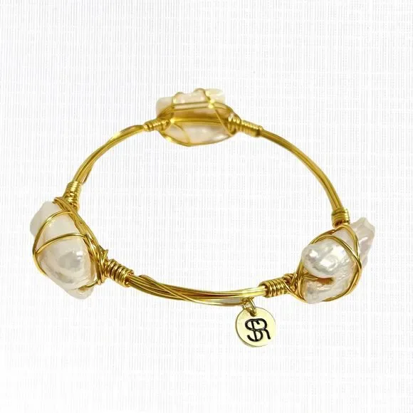Wire Caged Chunky Pearl Bangle Bracelet Gold Tone Coastal Beach Handcrafted Art
