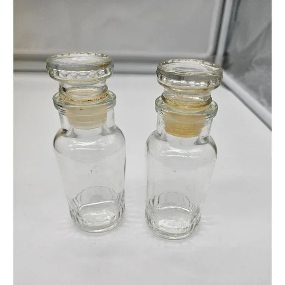 Vintage Made in Japan Clear Glass Apothecary Spice Bottles Beaded Stopper Set 2