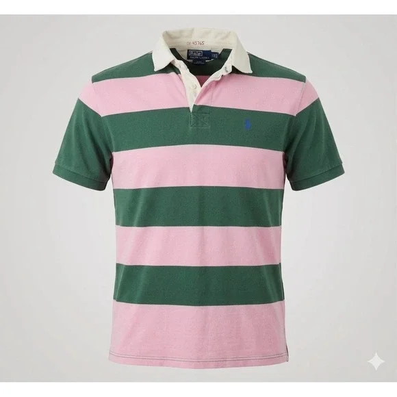 Polo Ralph Lauren Vintage Men's Green & Pink Striped Polo Shirt. Size XL