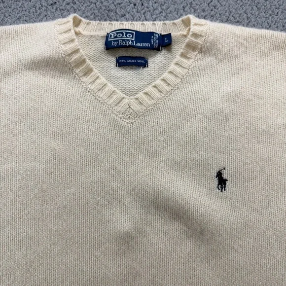Polo Ralph Lauren Mens Cream 100% Lambswool V-Neck Pony Logo Sweater Large