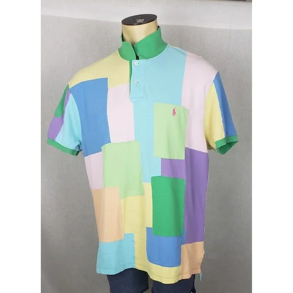 Polo Ralph Lauren Mens XL Patchwork Pastel Colorblock Polo Shirt Retro Summer