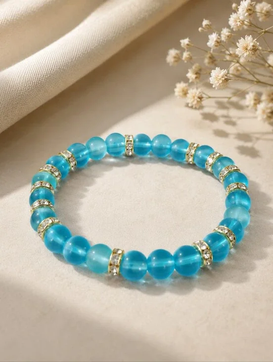 Turquoise Blue Glass Bead Stretch Bracelet | 7 Inch Crystal Spacer Bracelet